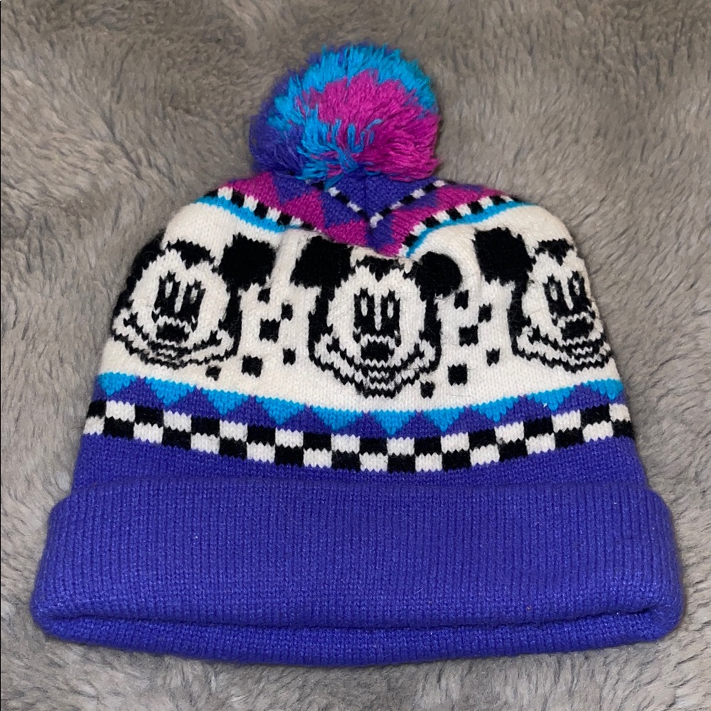 Vintage Disney Mickey Mouse Kids' Purple Blue Pom-Pom Knit Beanie